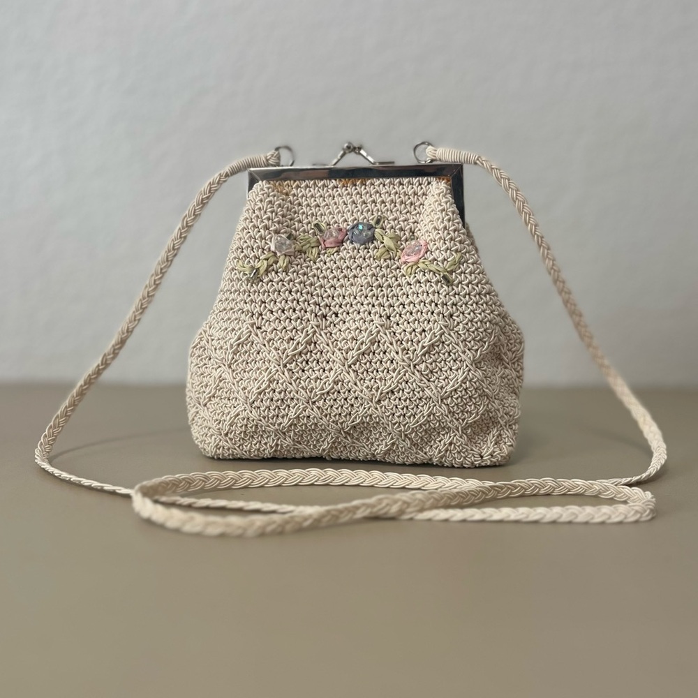 Vintage Elegant Cream with floral design Crochet Bag